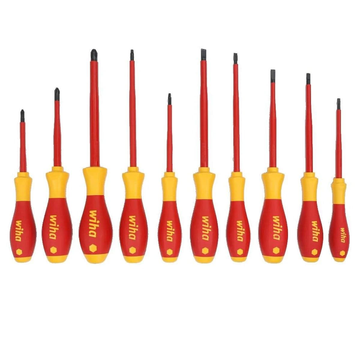 A direct full-length front-facing product layout showing all ten individual yellow and red Wiha insulated safety screwdrivers standing vertically in a neat horizontal row against a white backdrop, arranged from left to right by structural size across the Slotted, Phillips, and Square drive tip assortments.