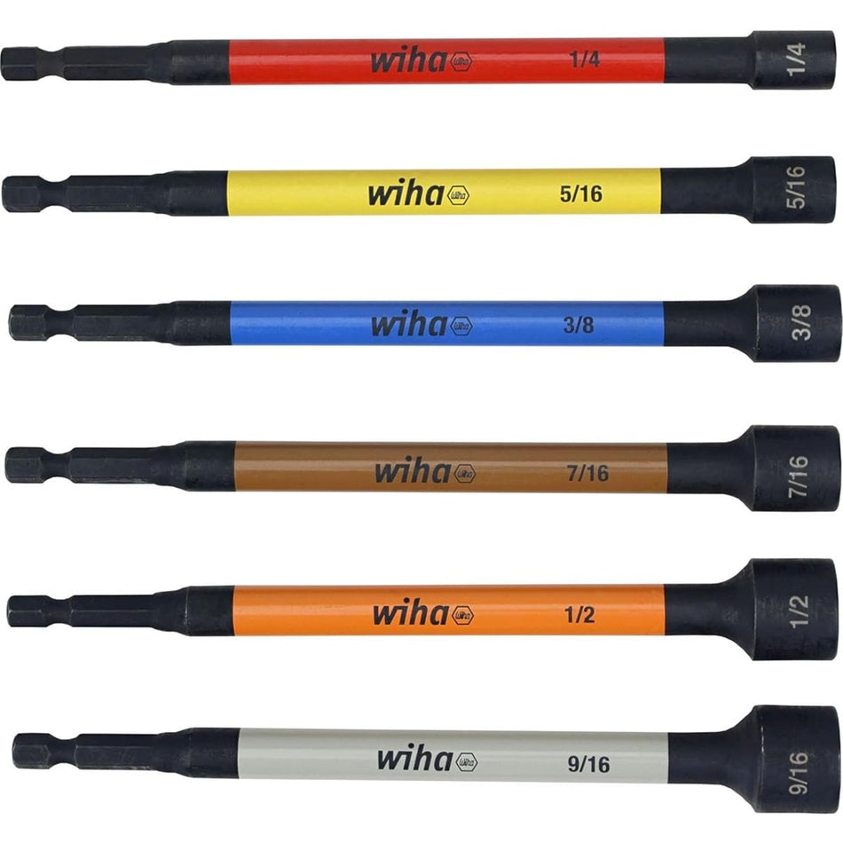 A direct top-down product alignment shot showing all six bits from the Wiha 70486 extended magnetic nut setter set arranged horizontally from top to bottom against a plain white background, cleanly showcasing the red, yellow, blue, brown, orange, and grey size identification sleeves.