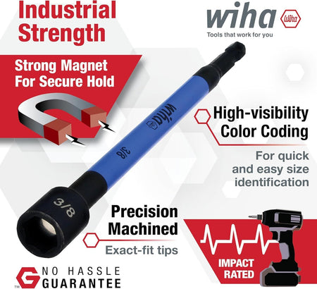 A digital marketing product overview panel highlighting a single blue 3/8-inch Wiha precision-machined magnetic nut setter bit, featuring surrounding graphic callouts for industrial strength secure hold with a horseshoe magnet graphic, high-visibility color-coding for size identification, exact-fit tips, an impact rated driver icon, and a No-Hassle performance guarantee.