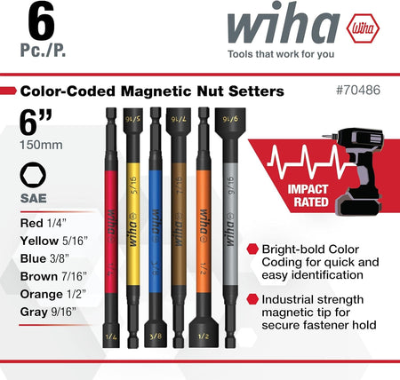 An informational marketing feature poster graphic showcasing the Wiha 6-piece color-coded magnetic nut setter array, including technical callouts for the 6-inch length, SAE sizing metrics, an Impact Rated indicator graphic with an impact driver icon, and bullet points highlighting the bold color identifiers and industrial strength magnetic fastener retention tips.