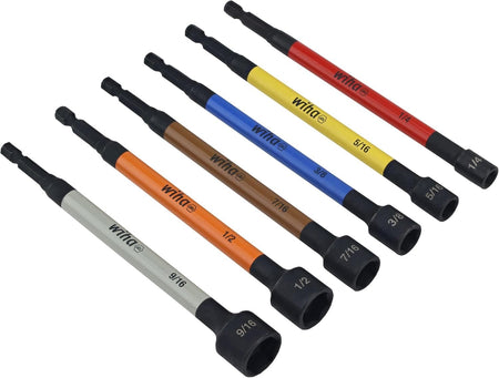 An overhead angled studio layout of the 6-piece Wiha color-coded magnetic nut setter set resting in a diagonal row on a white backdrop, displaying the vibrant size bands running from the red 1/4-inch bit down to the grey 9/16-inch industrial socket bit.