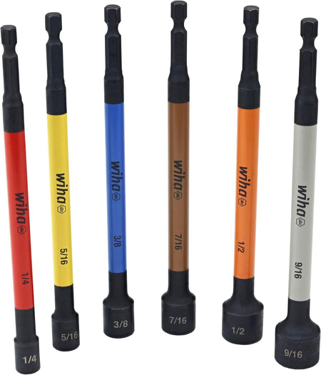 A direct product studio view of the six pieces in the Wiha 70486 magnetic nut setter set standing vertically against a white background, demonstrating the premium CrMo steel construction, 1/4-inch hex shanks, and clear color-coded sleeve size markings.