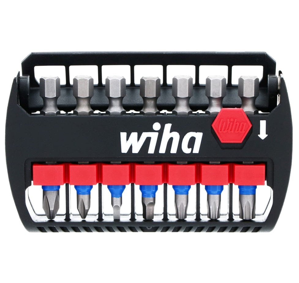 Wiha bit set with hex base and blue-banded bits organized in a black holder with red release button and visible branding.