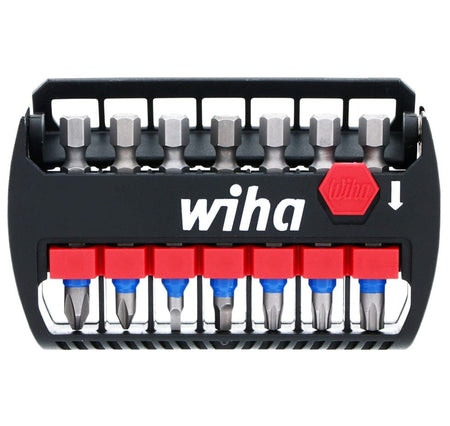 Wiha bit set with hex base and blue-banded bits organized in a black holder with red release button and visible branding.