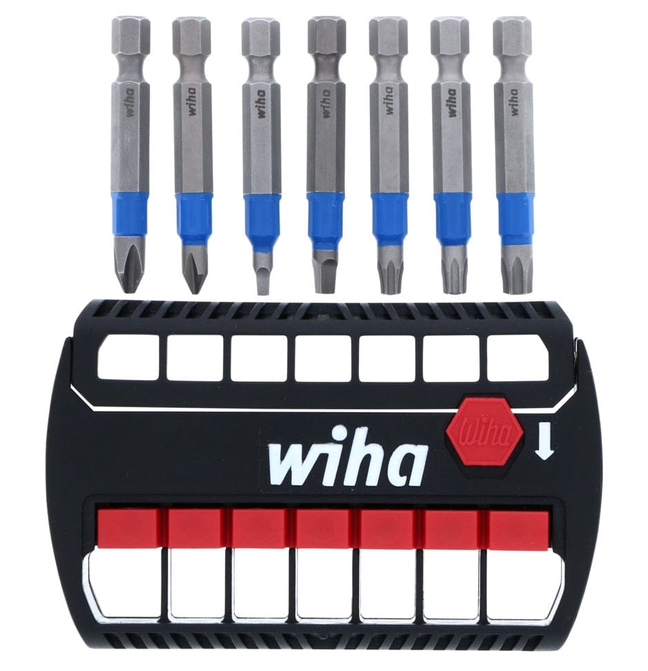 Six Wiha precision bits with blue bands and various tip shapes displayed next to a compact branded storage case.