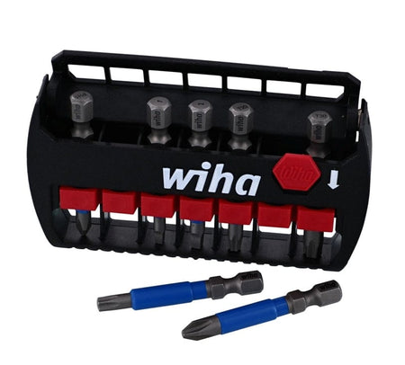 Wiha bit set in black and red case with labeled bits; two bits with blue sleeves placed outside for visibility.