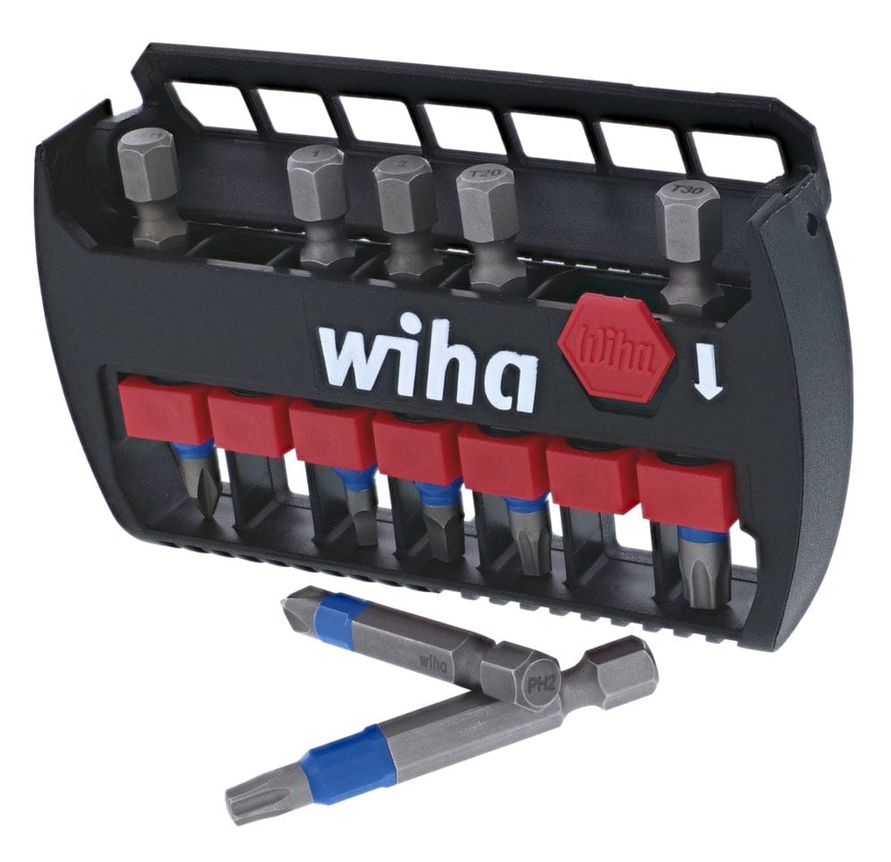 Wiha bit set with red clips and labeled bits including T20 and PH2; two bits placed outside the holder for display.