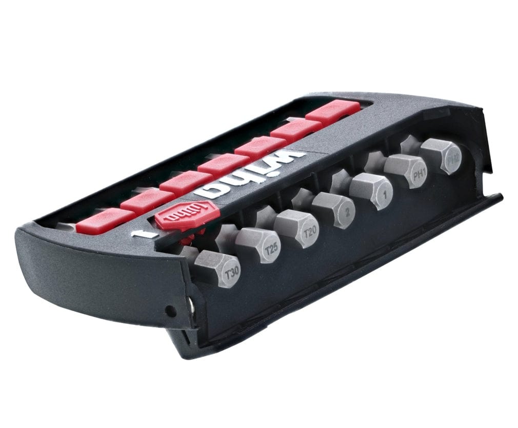 Wera branded bit holder with labeled screwdriver bits including T30, T25, PH1, and PH2 in a compact black and red case.