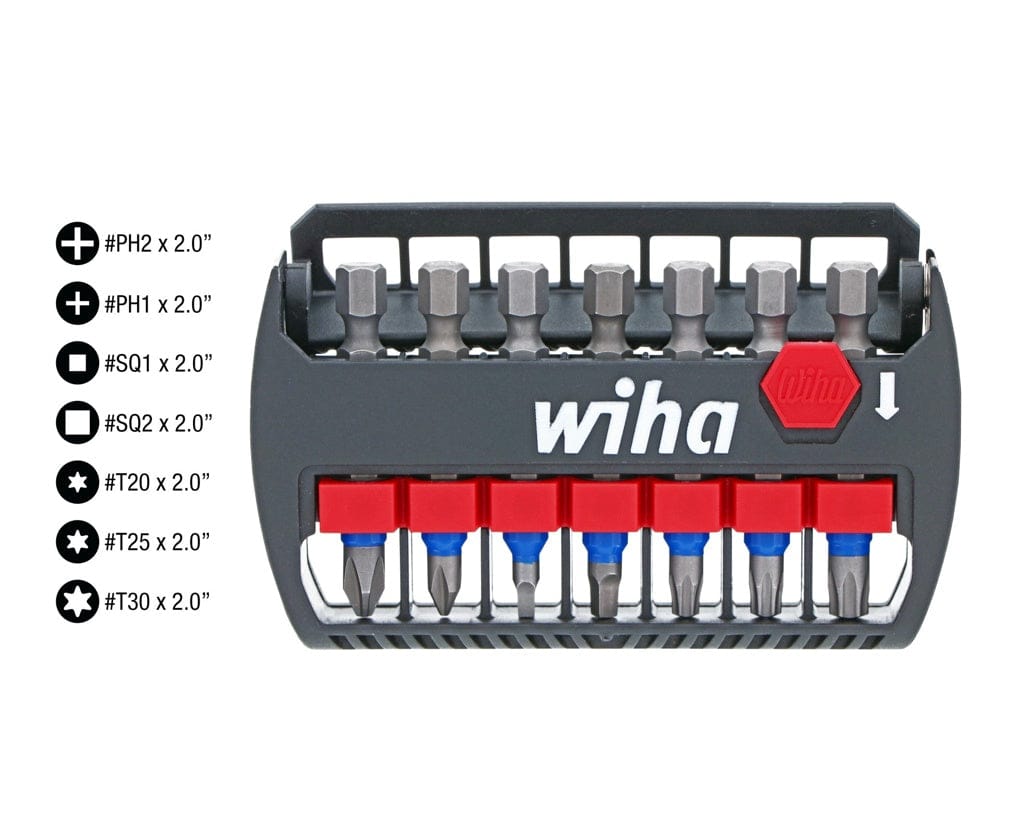 Wiha bit set with labeled Phillips, Square, and Torx bits arranged in a black holder with red release button.