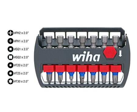 Wiha bit set with labeled Phillips, Square, and Torx bits arranged in a black holder with red release button.