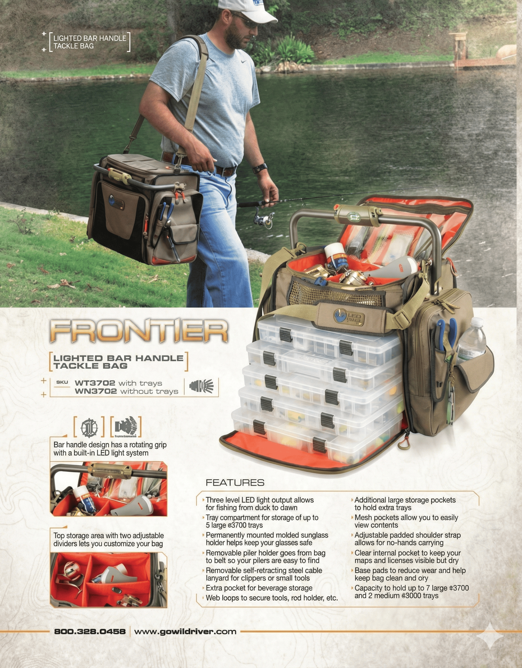 Outdoor advertisement showing a man walking beside a lake carrying the Wild River Frontier Lighted Bar Handle Tackle Bag over his shoulder. The tackle bag is khaki-colored with orange and brown accents, featuring multiple compartments and trays filled with fishing gear. A close-up of the bag highlights its LED-lit rotating bar handle, adjustable dividers, and storage capacity for up to seven #3700 and two #3600 trays. Text overlays describe product features including a molded sunglass holder, removable plie