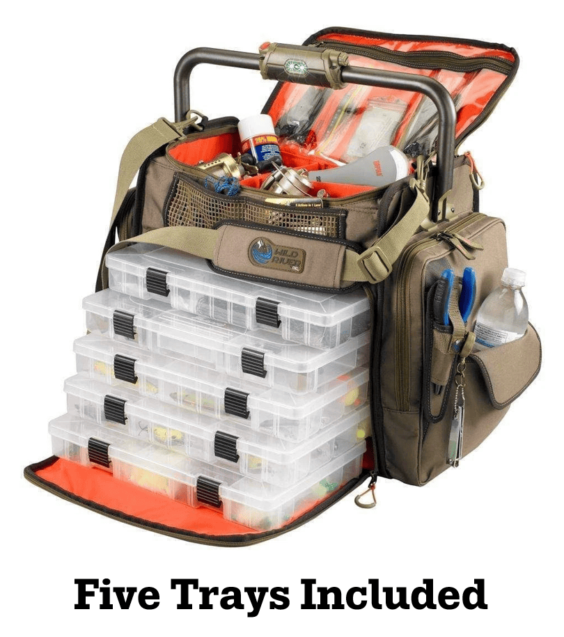 Wild River by CLC Tackle Tek Frontier Fishing Tackle Bag WT3702 with LED handle, 5 trays, plier holder, and sunglass storage.
