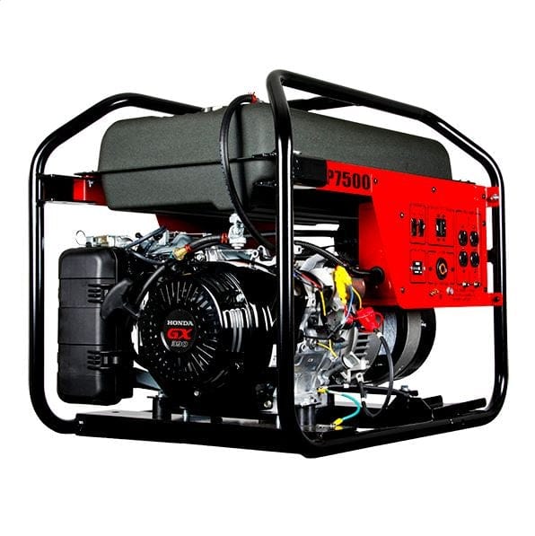 P7500 generator with Honda GX engine and red control panel featuring outlets and switches for power distribution