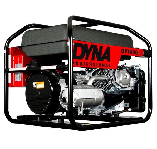 DP7500 generator with large fuel tank and Honda GX engine, encased in metal frame for rugged outdoor use.