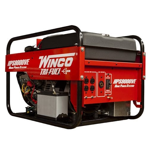 Winco HPS9000VE tri-fuel generator with red panels and black metal frame. Control panel and fuel tank visible. Labeled for gasoline, propane, and natural gas operation.