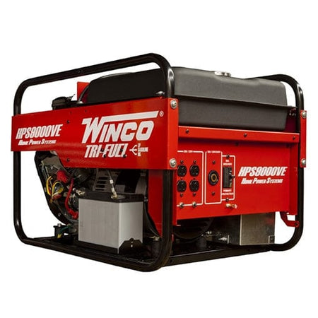 Winco HPS9000VE tri-fuel generator with red panels and black metal frame. Control panel and fuel tank visible. Labeled for gasoline, propane, and natural gas operation.