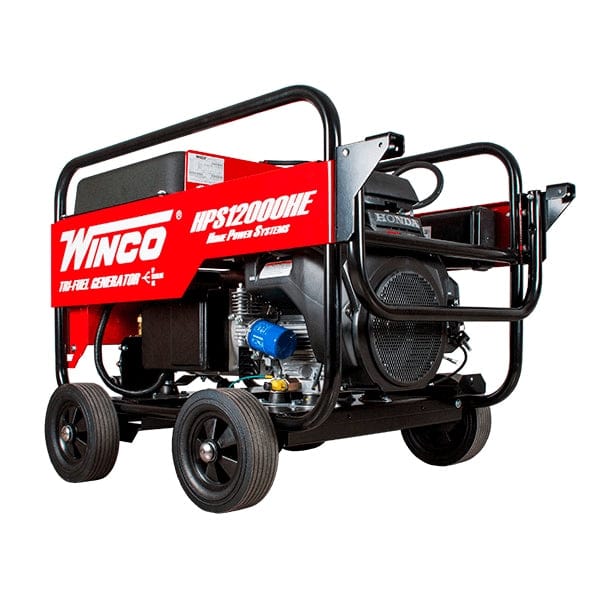 Angled front view of the tri-fuel generator highlighting the Honda GX630 engine, heavy-duty tubular steel frame, and the red side panel with Winco branding.