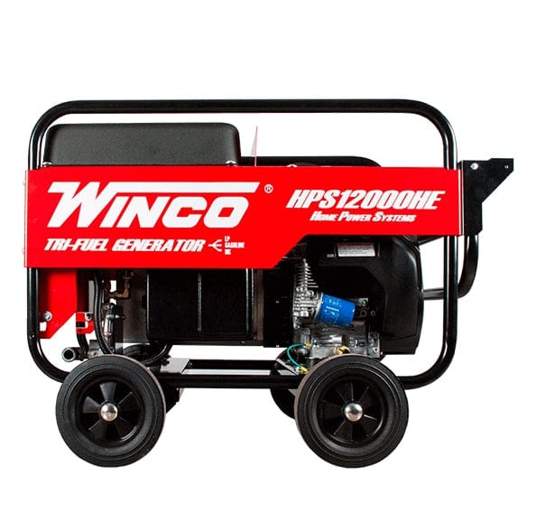 Side profile view of the generator showing the Honda engine components including the oil filter and starter motor, framed by the black tubular steel cradle.