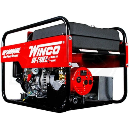 Angled front view of the Winco HPS6000HE generator featuring the red bi-fuel side panel, large black fuel tank, and Honda engine components.