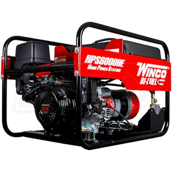 Side view of the generator highlighting the complete engine assembly, the battery tray location, and the fuel selector switch on the frame.