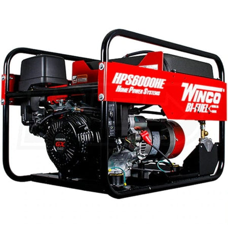 Side view of the generator highlighting the complete engine assembly, the battery tray location, and the fuel selector switch on the frame.