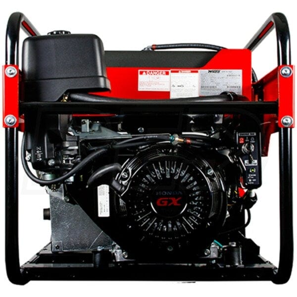 Side profile view of the dual fuel generator highlighting the Honda GX340 engine recoil starter, oil fill port, and black tubular steel roll cage.