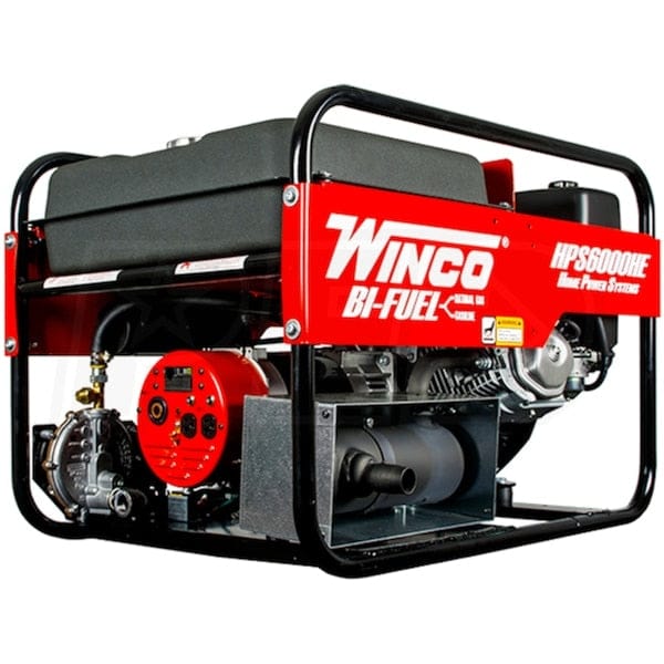 Angled rear view showing the generator's exhaust muffler, the natural gas regulator assembly, and the heavy-duty frame construction.