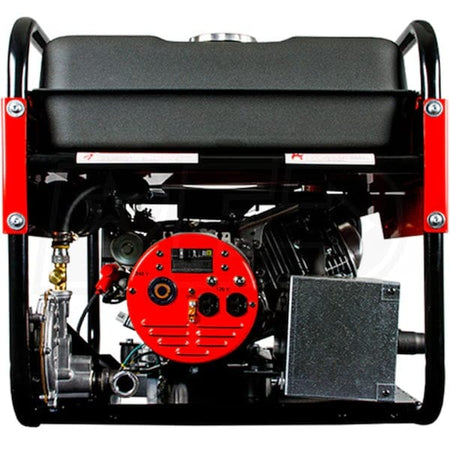 Rear view of the generator showing the red alternator cover with cooling vents, the natural gas fuel inlet, and the galvanized exhaust box.