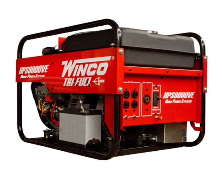 Angled front view of the Winco HPS9000VE generator featuring the red tri-fuel side panel, large black fuel tank, and control panel with outlets.