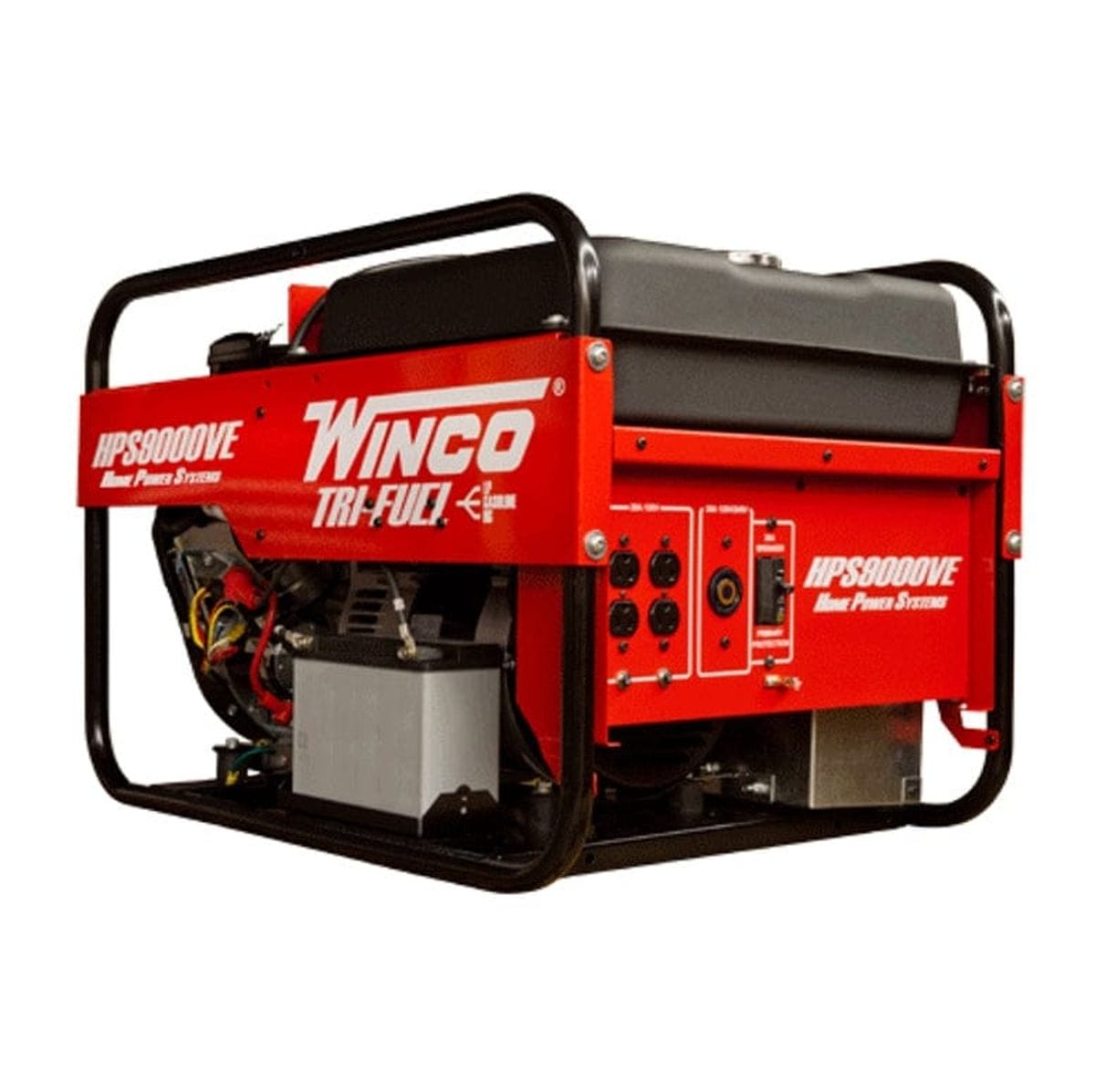 Angled front view of the Winco HPS9000VE generator featuring the red tri-fuel side panel, large black fuel tank, and control panel with outlets.