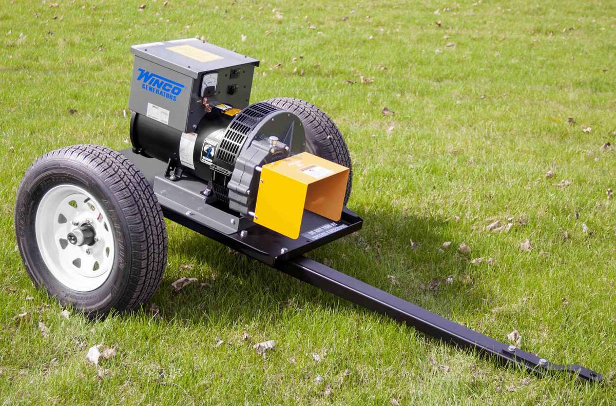 A Winco PTO generator is shown mounted on the TDM80 trailer, resting in a grassy field.