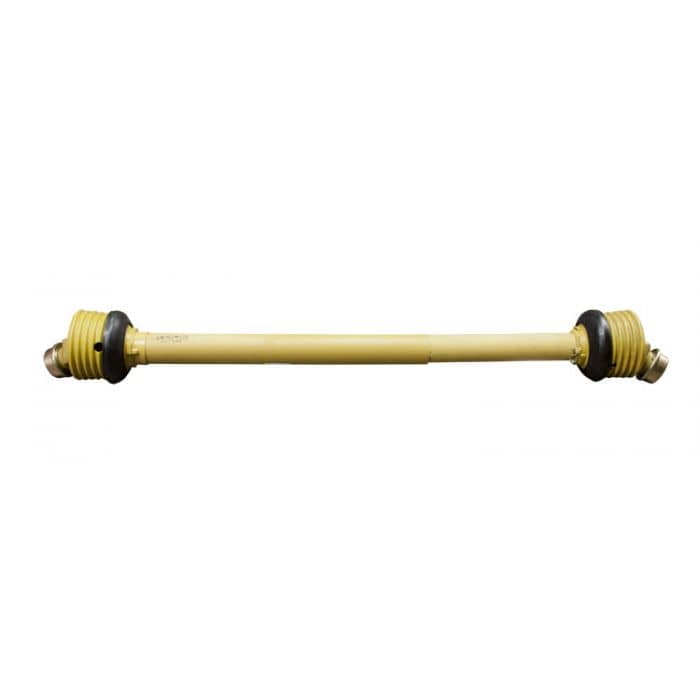 Winco 54326-001 telescoping PTO driveshaft with 1-3/8-inch 6-spline couplers and yellow safety shields for tractor generators.