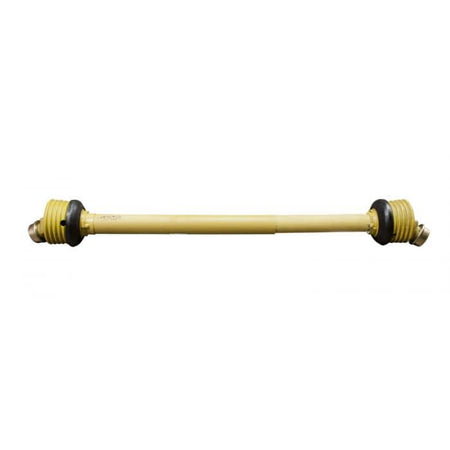 Winco 54326-001 telescoping PTO driveshaft with 1-3/8-inch 6-spline couplers and yellow safety shields for tractor generators.