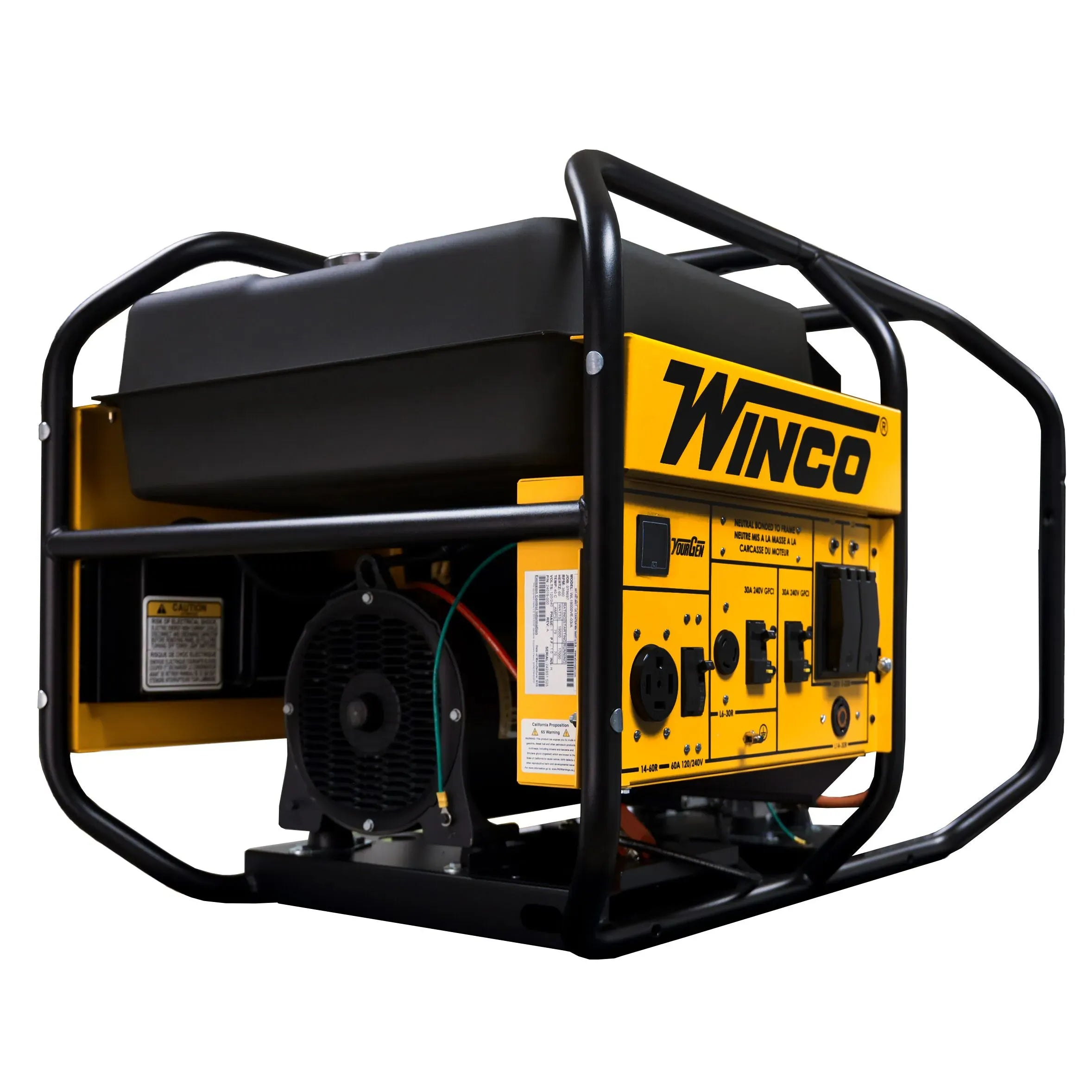 Winco WL19000VE-03/A generator panel showing a NEMA 14-60R receptacle, GFCI outlets, and YourGen LED meter for monitoring commercial power loads.