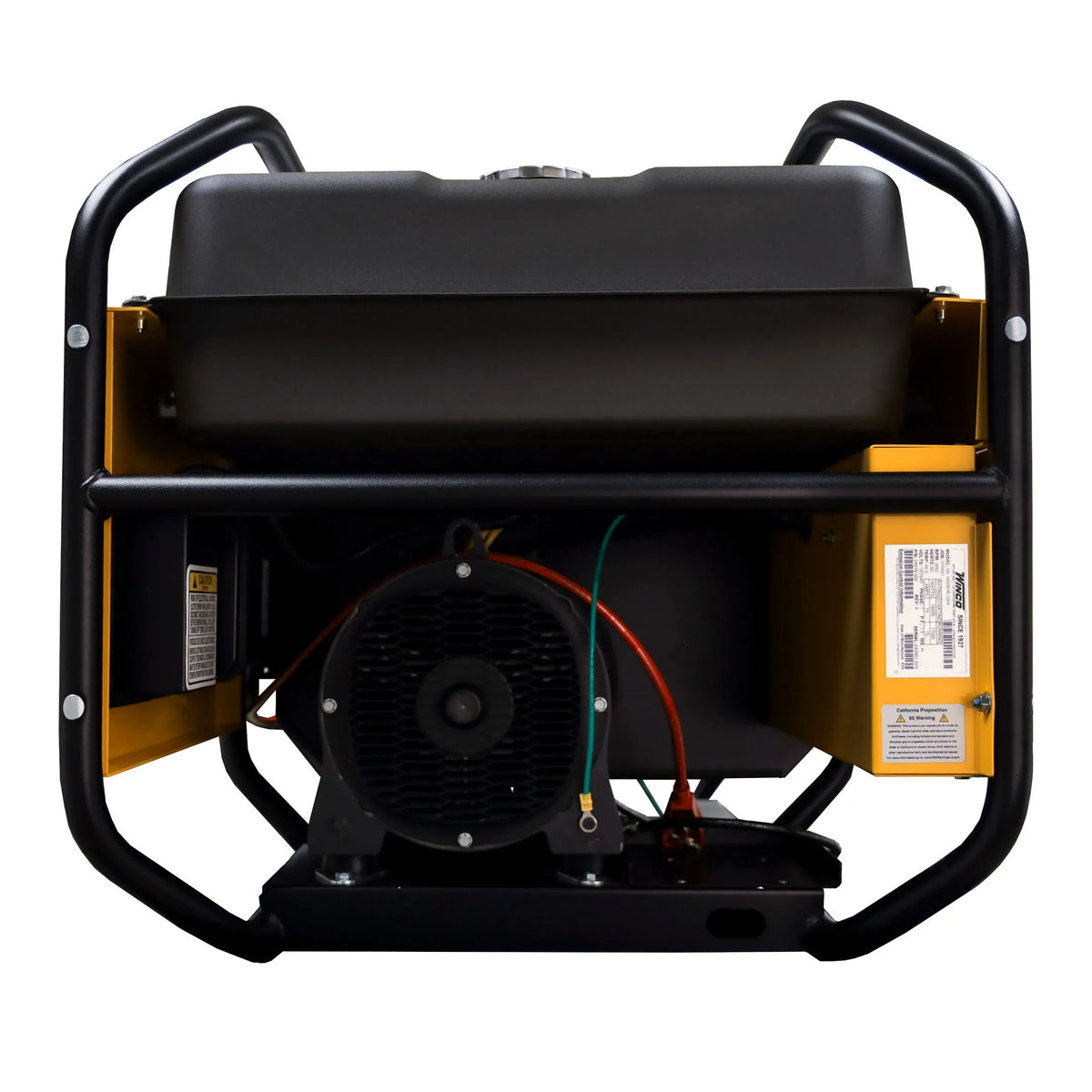 Rear view of the Winco WL19000VE-03/A portable generator showing the heavy-duty 100% load-tested alternator end and welded 14-gauge steel cradle frame.