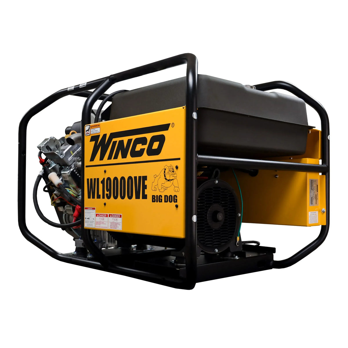Winco WL19000VE Big Dog generator profile highlighting the 15-gallon steel fuel tank and 14-gauge powder-coated roll cage for heavy job site durability.