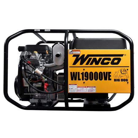 Side profile of the Winco WL19000VE power station showing the commercial Briggs Vanguard engine layout and industrial exhaust muffler setup.