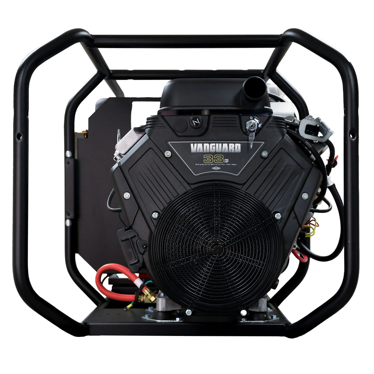 Frontal view of the Briggs and Stratton Vanguard 33 HP engine with electric key start switch for reliable commercial generator ignition.