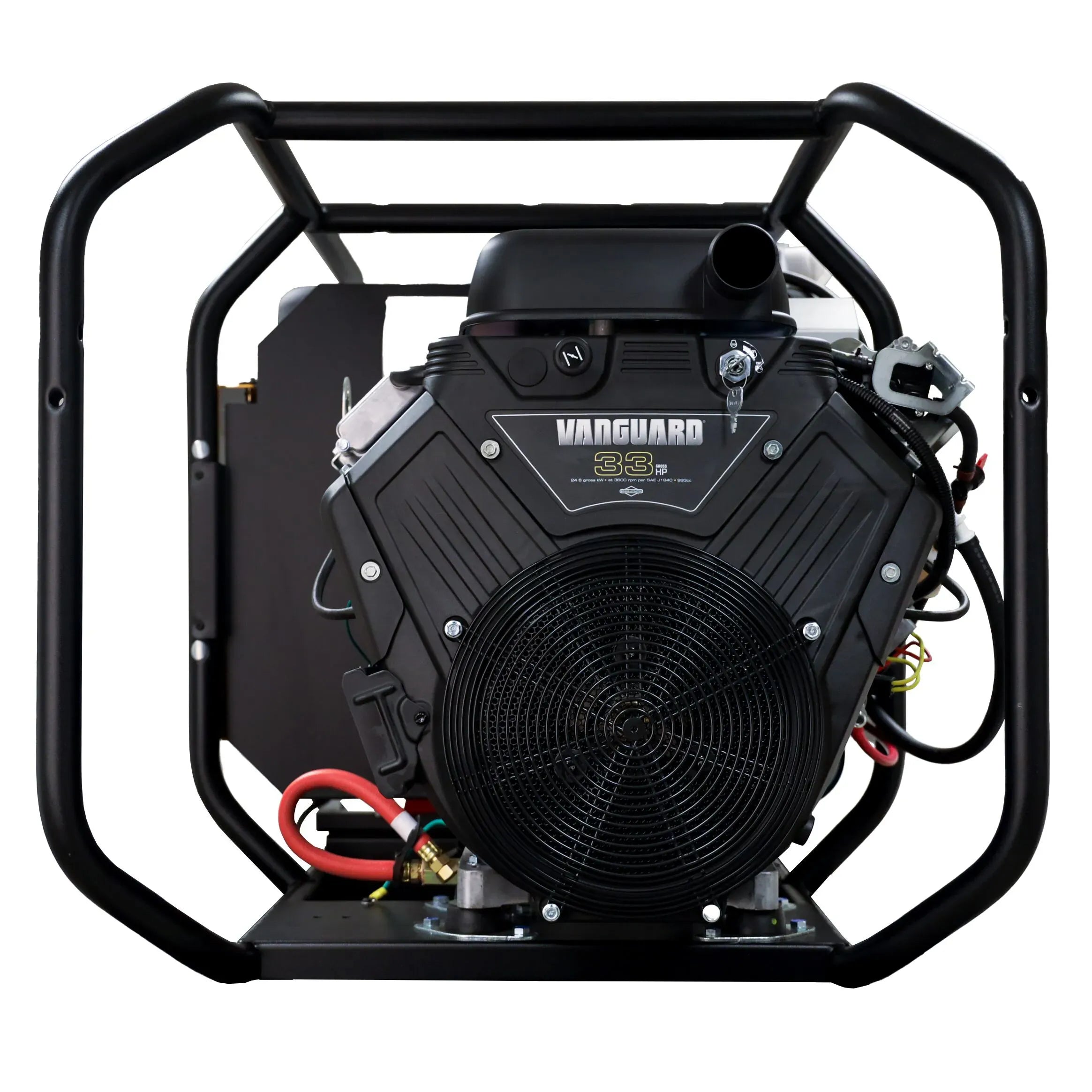 Frontal view of the Briggs and Stratton Vanguard 33 HP engine with electric key start switch for reliable commercial generator ignition.