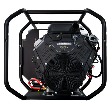 Frontal view of the Briggs and Stratton Vanguard 33 HP engine with electric key start switch for reliable commercial generator ignition.