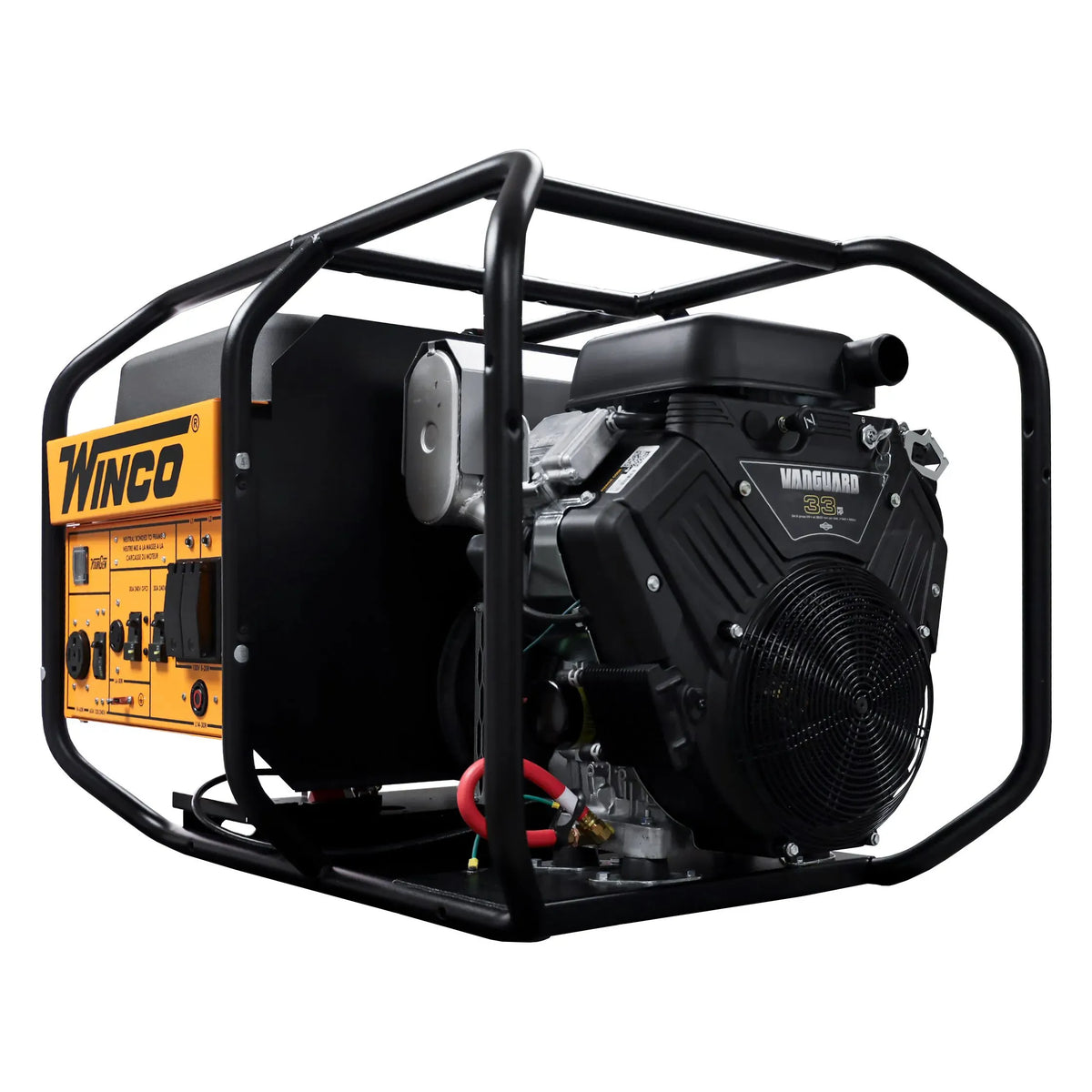Three-quarter view of the Winco WL19000VE generator showing engine access, tubular steel frame protection, and side control panel layout.