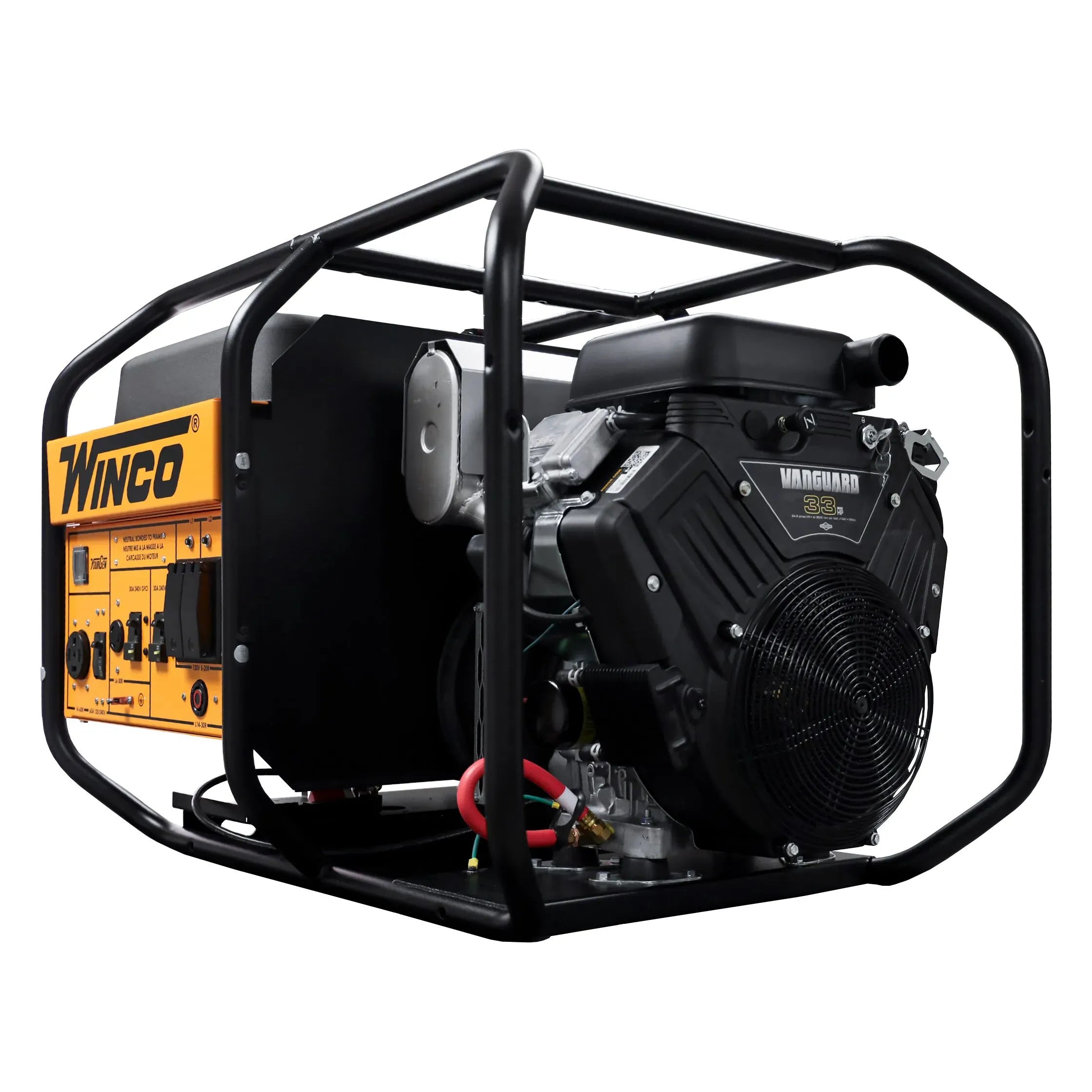 Three-quarter view of the Winco WL19000VE generator showing engine access, tubular steel frame protection, and side control panel layout.