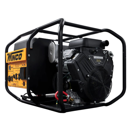Three-quarter view of the Winco WL19000VE generator showing engine access, tubular steel frame protection, and side control panel layout.