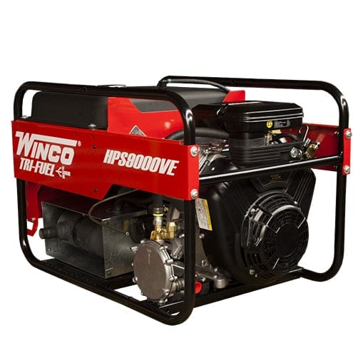 Winco HPS9000VE tri-fuel generator with exposed engine and fuel system. Red and black casing with branding and model number. Built for gasoline, propane, and natural gas operation.