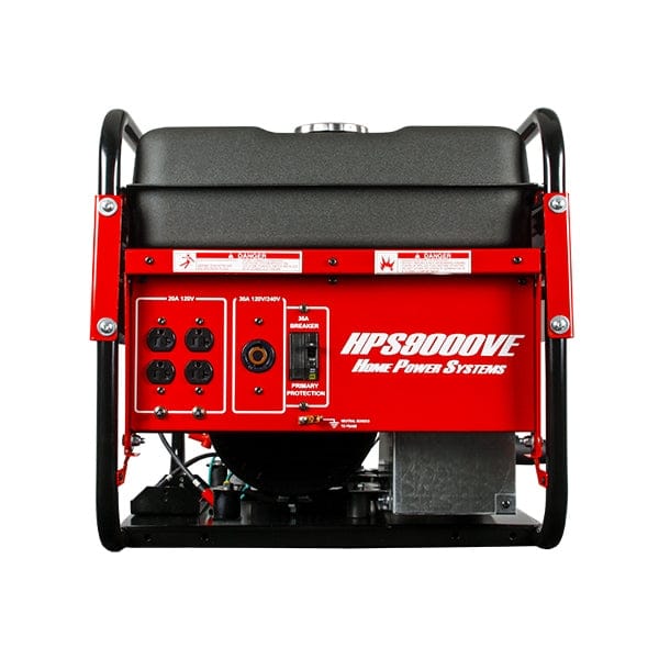 Close-up of Winco HPS9000VE generator control panel showing two 120V outlets, one 120/240V outlet, main breaker, and primary protection switch. Fuel tank cap visible on top.