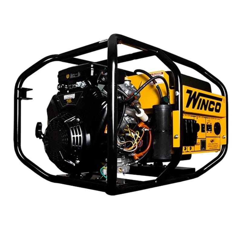 Angled front view of the "Big Dog" generator featuring the Briggs & Stratton engine, electric start components, and rugged protective roll cage.