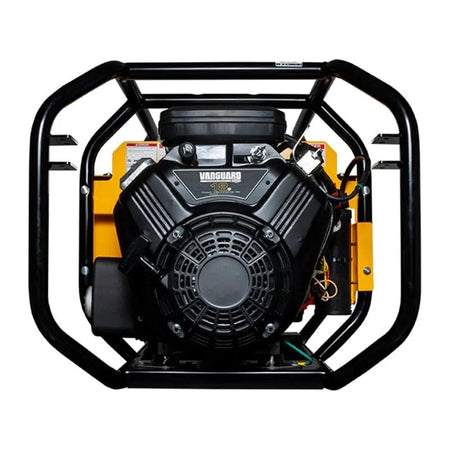 Front view of the black Briggs & Stratton Vanguard 18HP V-Twin engine mounted within the heavy-duty tubular steel frame of the "Big Dog" generator.