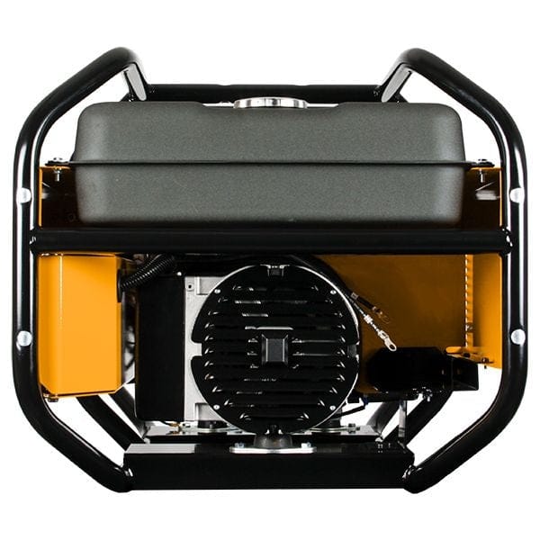 Side profile view of the generator end showing the alternator housing, fuel tank profile, and the heavy-duty welded steel frame construction.