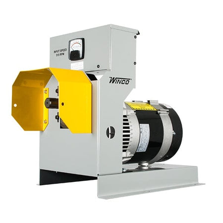 Angled front view of the Winco W10PTOS generator featuring a grey steel frame, yellow PTO safety shield, and top-mounted control box with voltmeter.