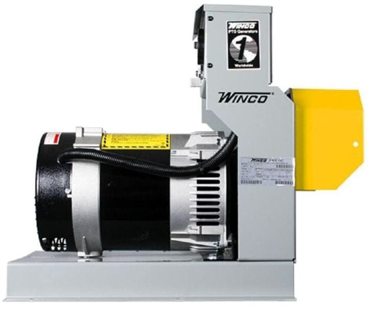 Side profile view of the 10kW PTO generator displaying the Winco logo, instructional safety labels, and the grey steel housing structure.